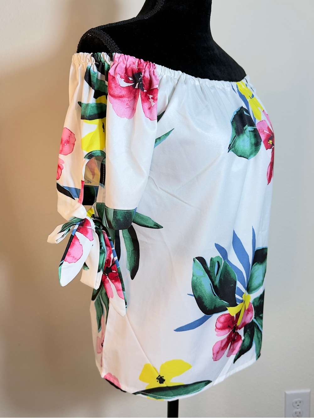 Bloom Chic Sexy Off-Shoulder Blouse with Bright Multicolored Floral Accents US16